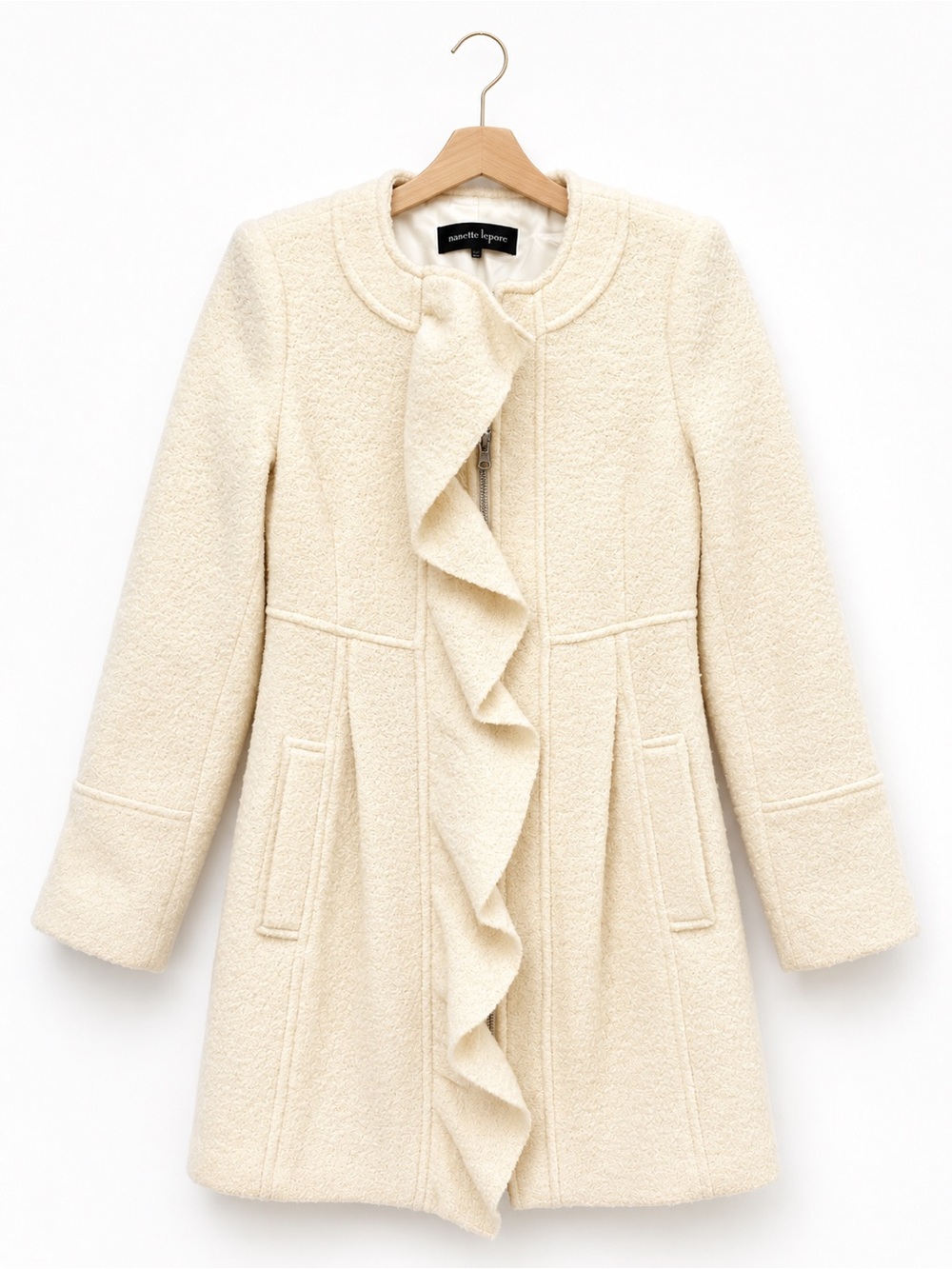 Nanette Lepore Ivory Ruffle Front Wool Blend Coat Size 0